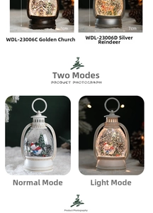 Close-up of LED Christmas lanterns showing 7cm base size and illuminated snowy scene