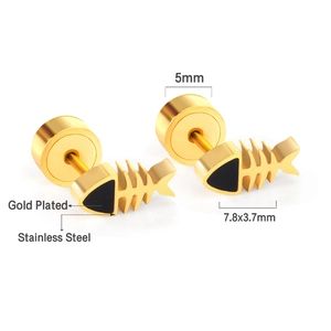 Macro view of gold plated stainless steel fish bone stud earrings with dimensions