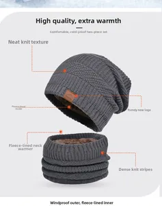 Detail of gray knitted hat and neck gaiter set with thick fleece lining and Sport logo