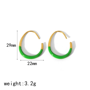 Detail view of 29mm C-shaped gold stainless steel earrings with green enamel and dimensions