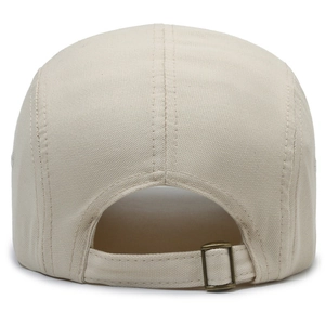 Back view of beige short brim baseball cap with adjustable vintage bronze buckle