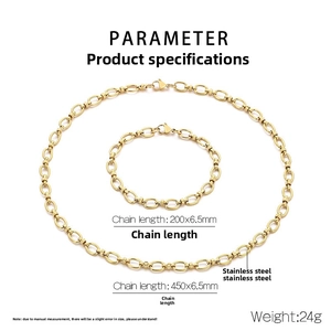 Dimensions techniques de l'ensemble collier et bracelet en acier doré avec chaîne de 6,5 mm