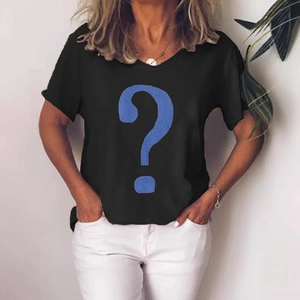 Women's casual black short sleeve T-shirt featuring a large blue question mark print