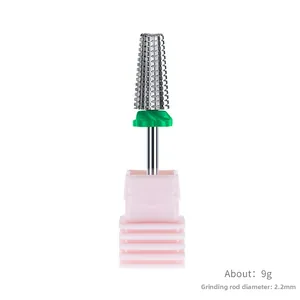 Detailed view of 5-in-1 tungsten nail drill bit with 2.2mm shank on pink display stand