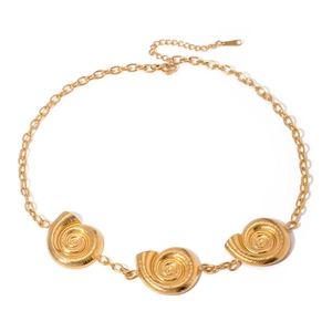 18k gold plated stainless steel necklace with three spiral shell charms on white background