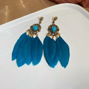 Vue détaillée de boucles d'oreilles bohèmes avec plumes bleues et détails en turquoise