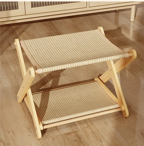 Detail of double-layer solid wood cat hammock with striped canvas and sturdy frame