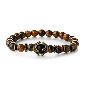 Elastic tiger eye stone bead bracelet with a vintage bronze crown and metallic spacers