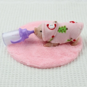 Miniature silicone pig toy wearing a pink hoodie with a bottle on a plush mat