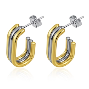 Detail of U-shaped two-tone irregular earrings in gold and silver stainless steel