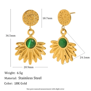 Gold plated stainless steel fan earrings with green agate and dimension measurements
