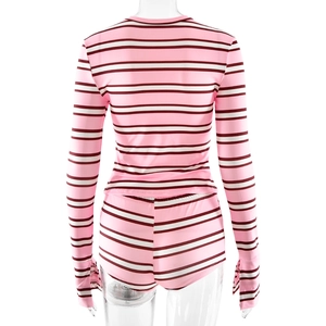 Back view of pink striped loungewear set featuring long sleeve top and matching shorts
