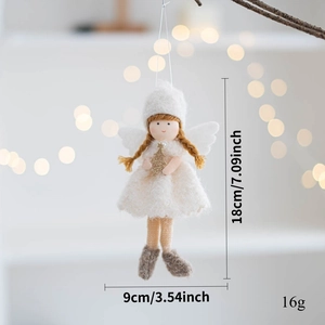 Detail view of felt Christmas angel ornament with golden pine tree and size dimensions
