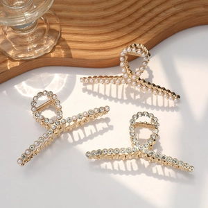 Elegant Large Alloy Hair Claw Clip With Faux Artificial Pearl Rhinestone Geometric Non-Slip Hair Clamp For Women Girls Thick Hair