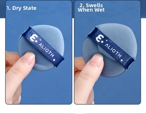 Detailed comparison of blue cushion puff showing water-absorbing expansion feature