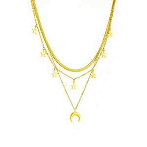 Layered gold titanium steel necklace featuring star and moon pendants on a model stand