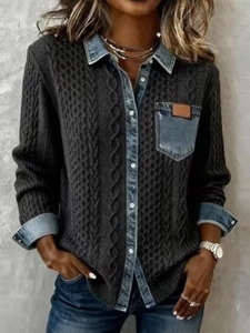 Women Denim Patchwork Knit Shirt Long Sleeve Button Down Cable Knit Loose Fit Lapel Cardigan Casual Retro Tops