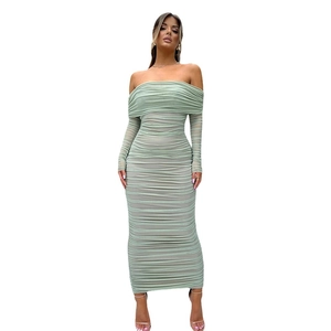 Elegant sage green off-shoulder ruched maxi dress with long sleeves and slim fit bodycon silhouette