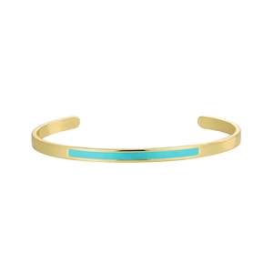 Minimalist gold adjustable open bangle with polished surface and blue enamel inlay