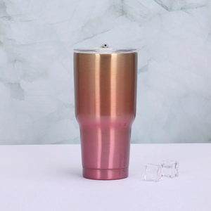Gobelet isotherme 30oz en acier inox avec dégradé doré à rose et couvercle transparent