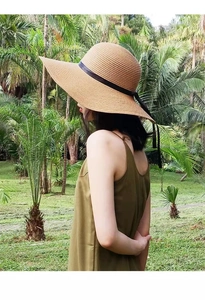 Detail of hand-woven straw hat texture with black ribbon detail for summer vacations