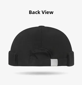 Detail of the back view showing adjustable strap and metal buckle on black wool docker hat