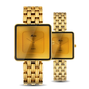 Detail of two gold-tone square watches with brushed metal dials and link bracelets