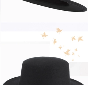 Detailed views showing the texture and wide brim of this black wool felt fedora hat