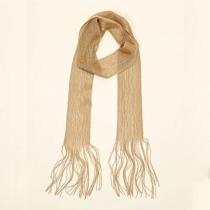 Elegant gold metal mesh chain scarf with fringe tassels on minimalist background