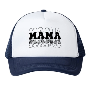 Navy and white trucker cap with MAMA print and mesh back for sun protection