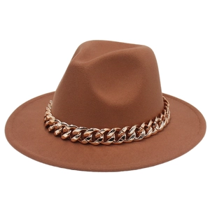 Brown wool fedora hat with a bold gold acrylic chain link decoration for women