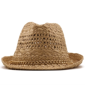 Handwoven straw Panama hat in light brown featuring a stylish gold metal chain accent