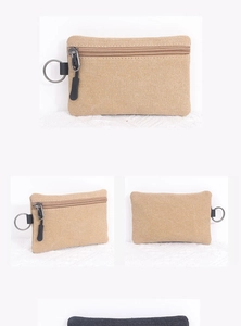 Detail shots of khaki canvas coin purse showing zipper closure and metal ring buckle