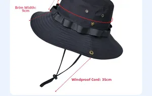 Detail of outdoor sun hat showing 9cm wide brim and 35cm adjustable windproof rope