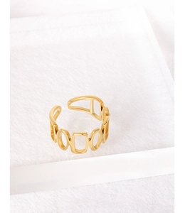 Macro view of unique hollow geometric link ring in 18K gold plated stainless steel