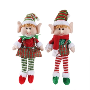 Pair of plush Christmas elf dolls with long legs in festive red and green holiday outfits