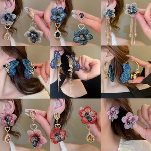 Vintage Copper Fabric Flower Tassel Earrings For Women 925 Sterling Silver Earring Post Embroidered Butterfly Rhinestone Earrings Jewelry