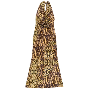 Detail showing leopard and tiger print patchwork on backless halter neck maxi dress