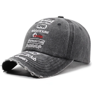 Vintage washed grey baseball cap with distressed details and multi-color embroidery