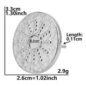 Silver hammered stainless steel round stud earring with detailed size and weight dimensions