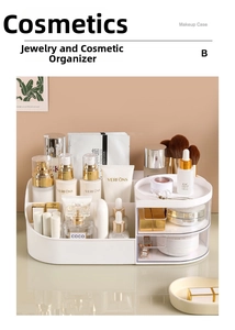 Detailansicht eines weißen Kosmetik-Organizers mit transparenten Schubladen und Fächern