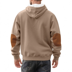 Men's brown hooded sweatshirt with geometric texture and elbow patches from back view