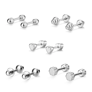 Minimalist s925 silver screw back stud earrings set featuring heart and bead designs
