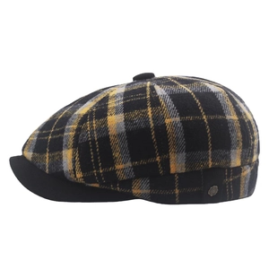 Vintage wool blend plaid newsboy cap with decorative side button and black brim