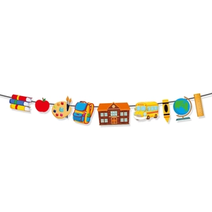 Cartoon school themed banner with apple bus and globe for back to school classroom decor