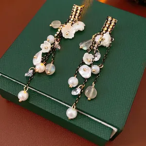 French Retro Flower Tassel Drop Earrings With Silver Earring Post Shell Artificial Pearl Rhinestone Moonstone For Women Elegant Jewelry