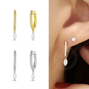 Elegant s925 silver needle drop earrings with marquise-cut zircon in gold and silver