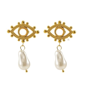 18K gold stainless steel Evil Eye drop earrings with baroque white pearls for women