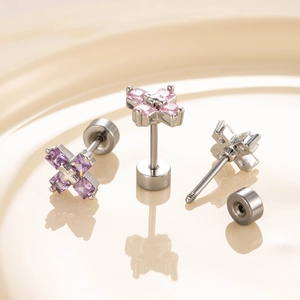Titanium steel stud earrings with square purple and pink zircons and cross flower design