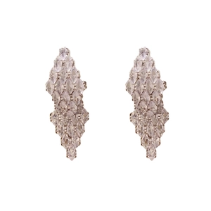 Elegant geometric diamond-shaped rhodium drop earrings with sparkling clear zircon stones